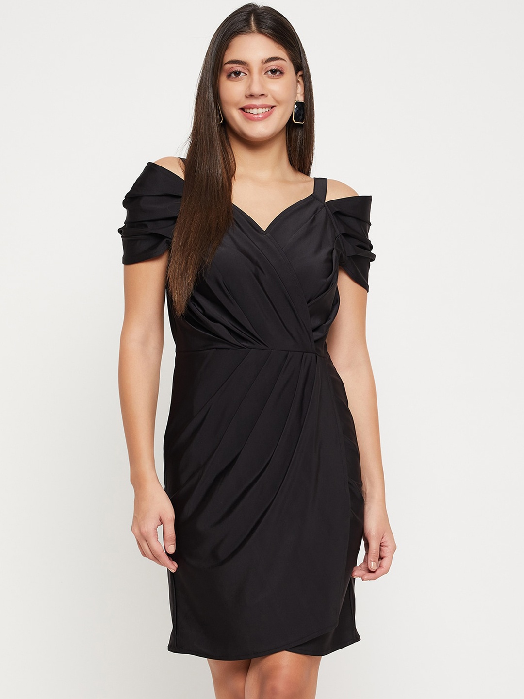 

Imfashini Cold-Shoulder Gathered Wrap Mini Dress, Black