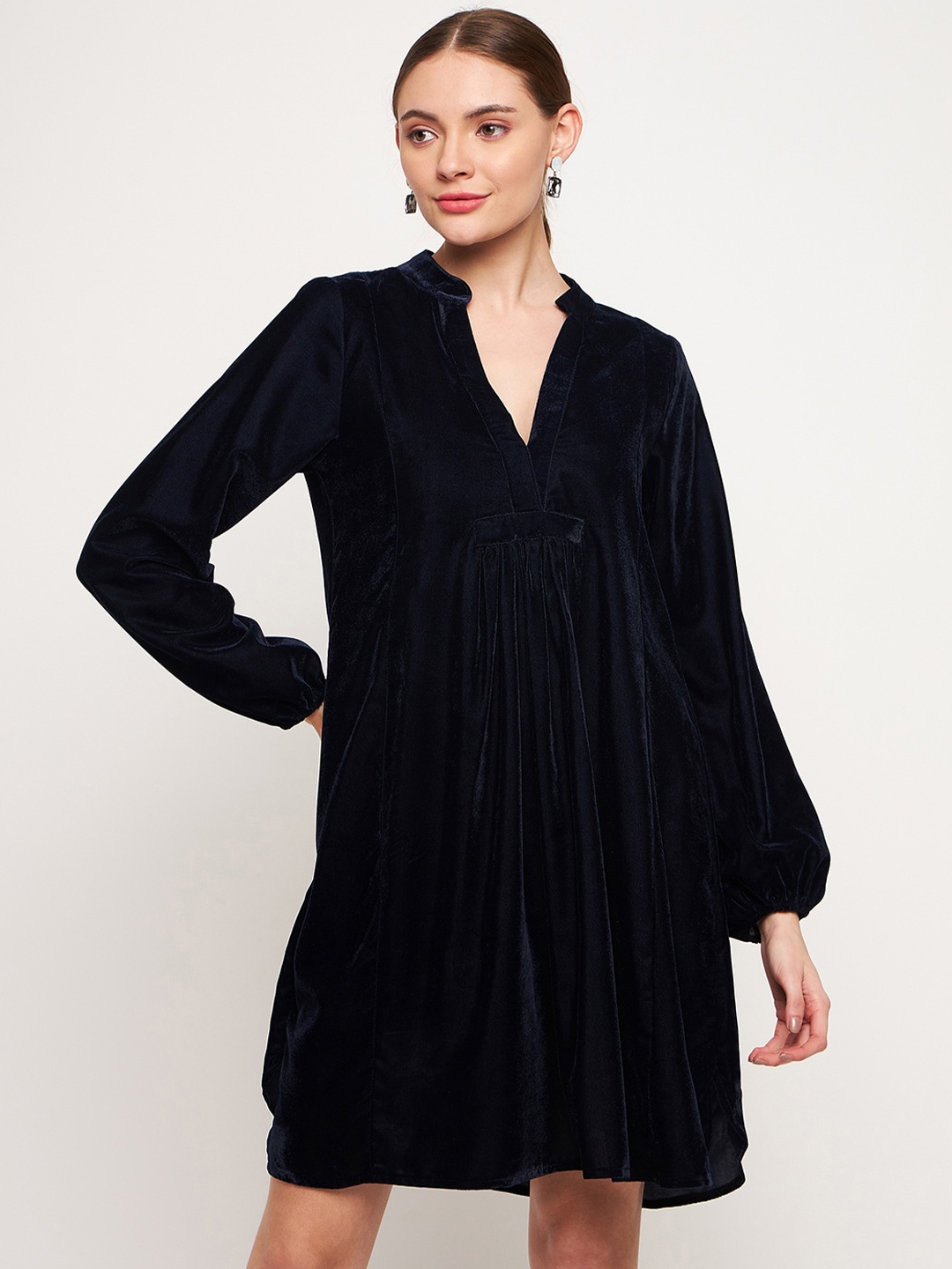 

Imfashini Mandarin Collar Puff Sleeves Gathered Detail A-Line Dress, Blue