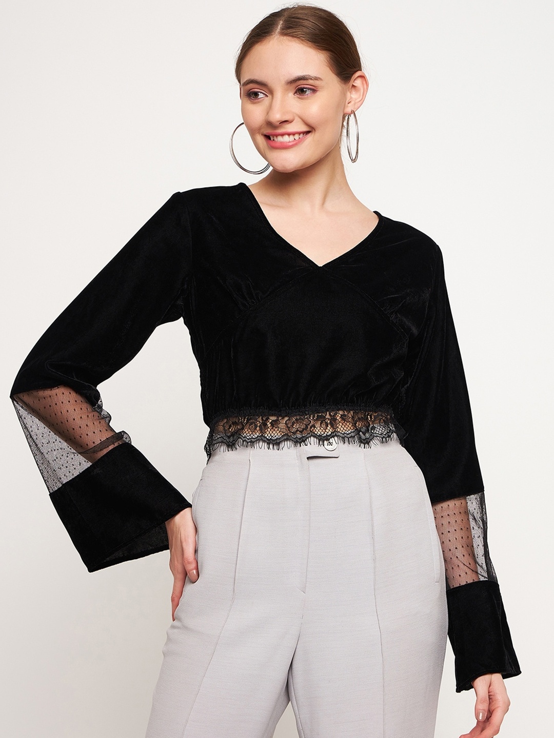 

Imfashini Bell Sleeves Velvet Crop Top, Black