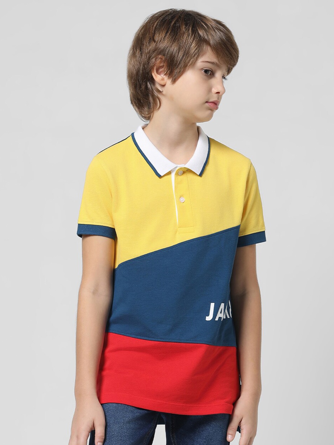 

Jack & Jones Junior Boys Colourblocked Polo Collar Pure Cotton Slim Fit T-shirt, Blue