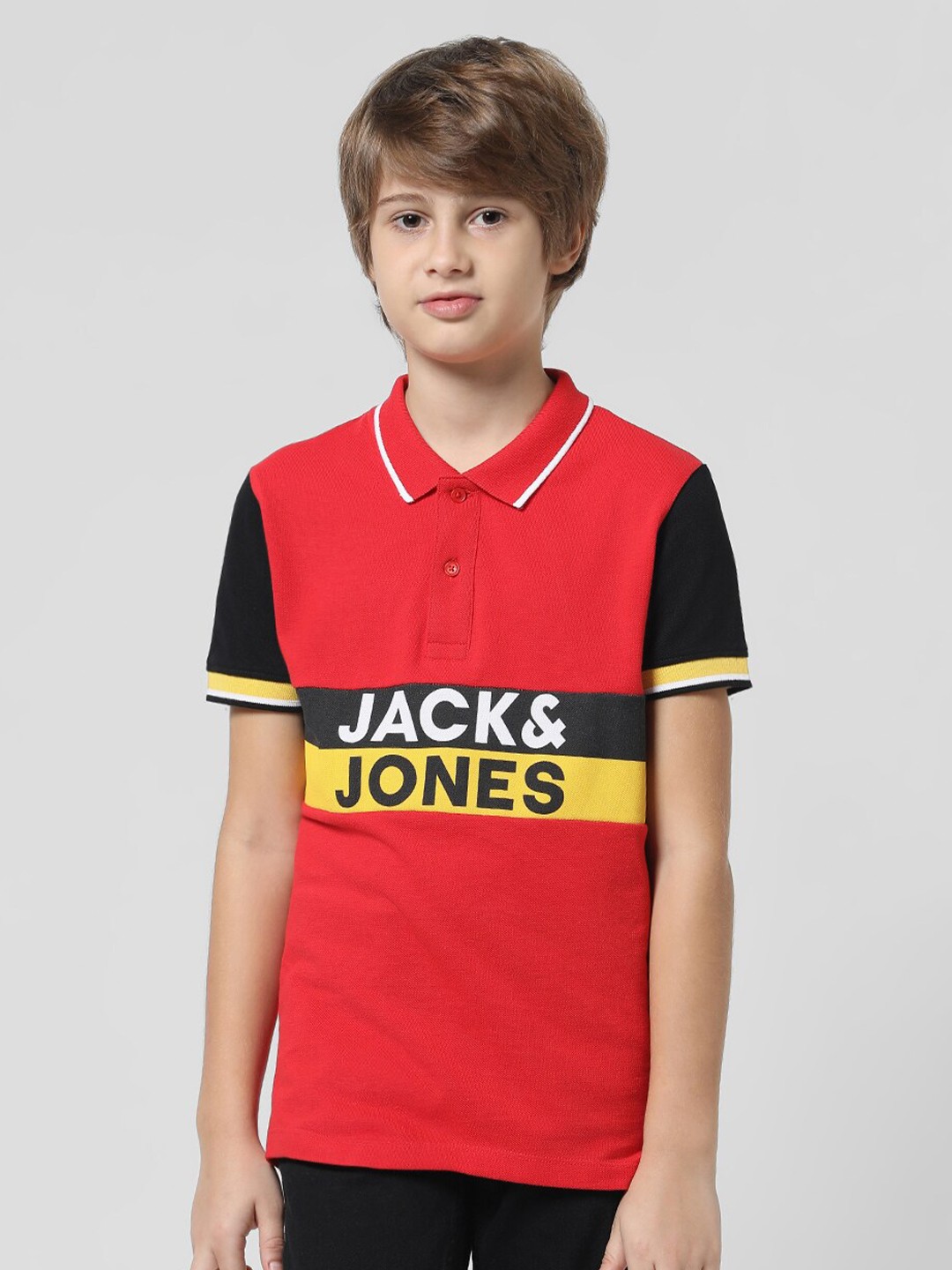 

Jack & Jones Junior Boys Typography Printed Polo Collar Pure Cotton Slim Fit T-shirt, Red