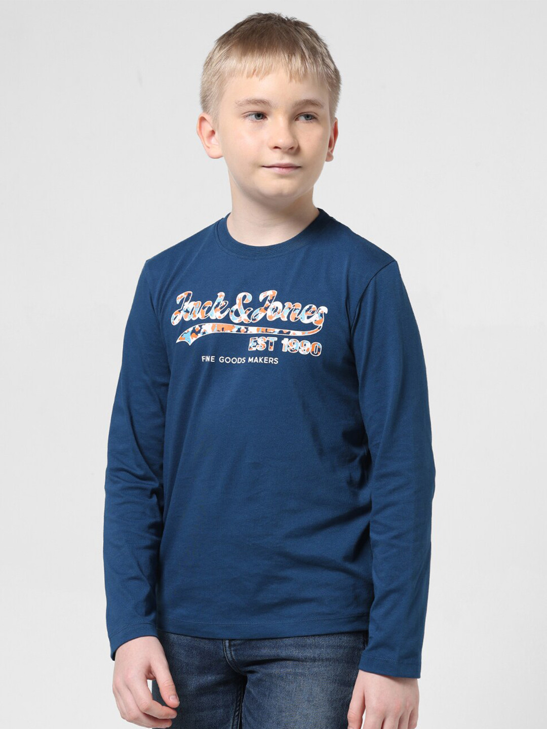 

Jack & Jones Junior Boys Typography Printed Slim Fit Pure Cotton T-shirt, Blue