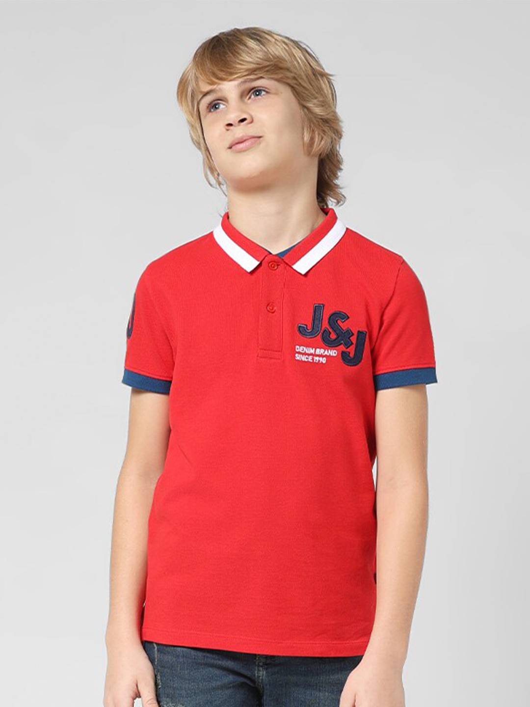 

Jack & Jones Junior Boys Typography Printed Polo Collar Slim Fit Pure Cotton T-shirt, Red