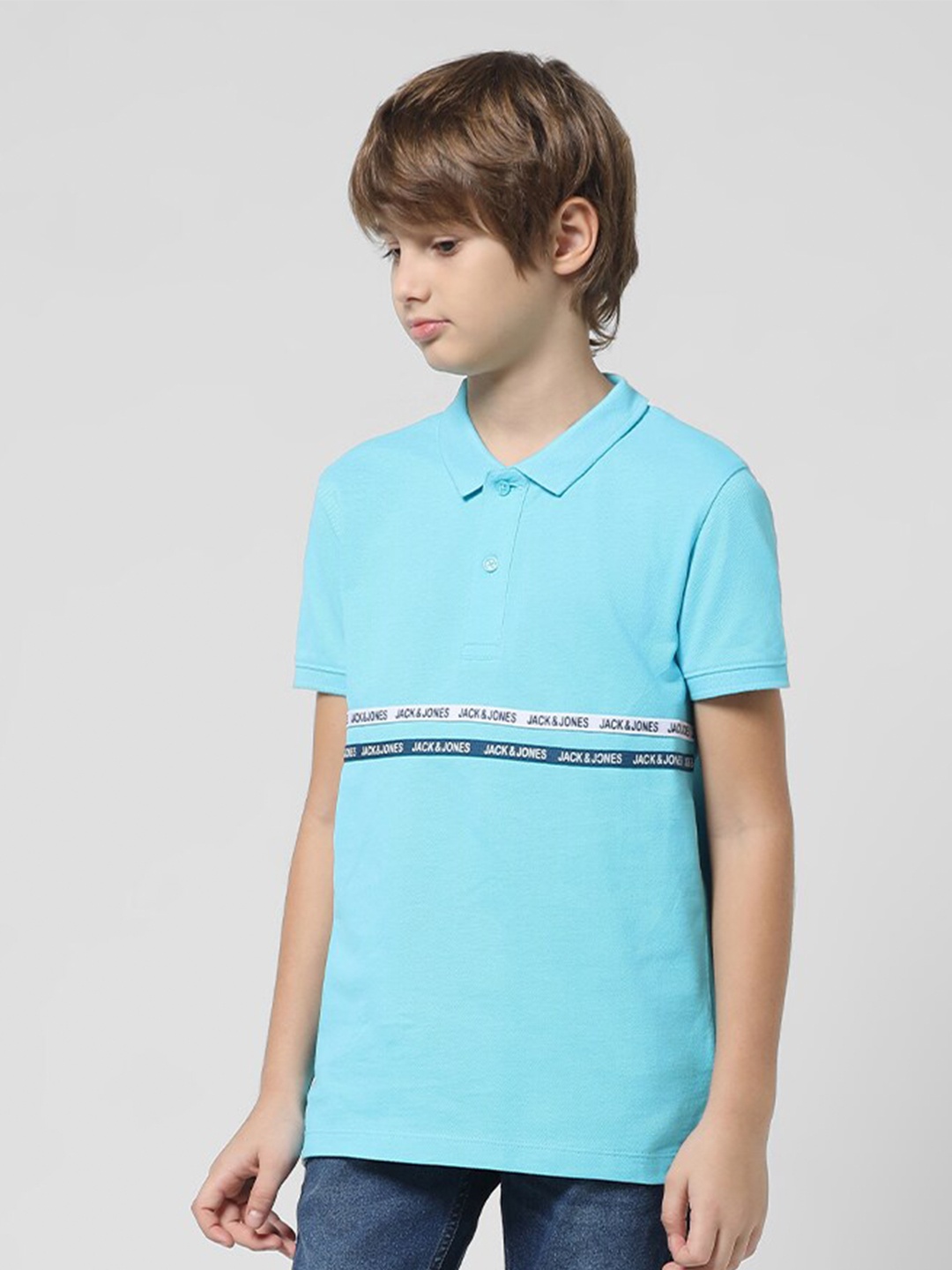 Jack & Jones Junior Boys Typography Printed Polo Collar Slim Fit Pure Cotton T-shirt, Blue
