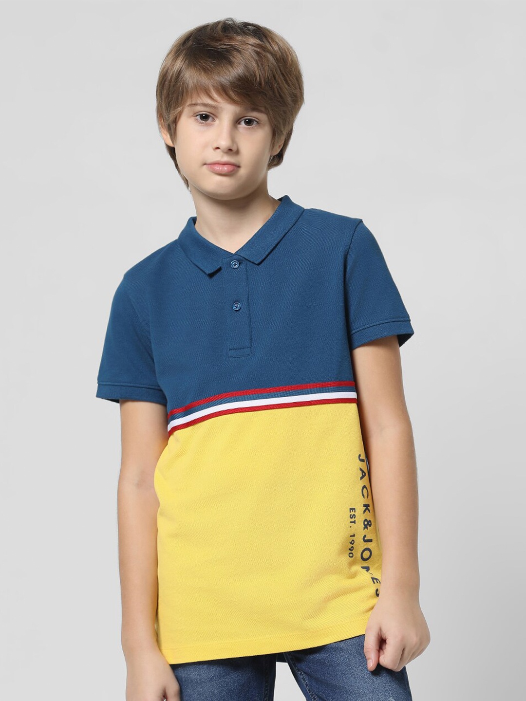 

Jack & Jones Junior Boys Colourblocked Polo Collar Slim Fit Pure Cotton T-shirt, Navy blue