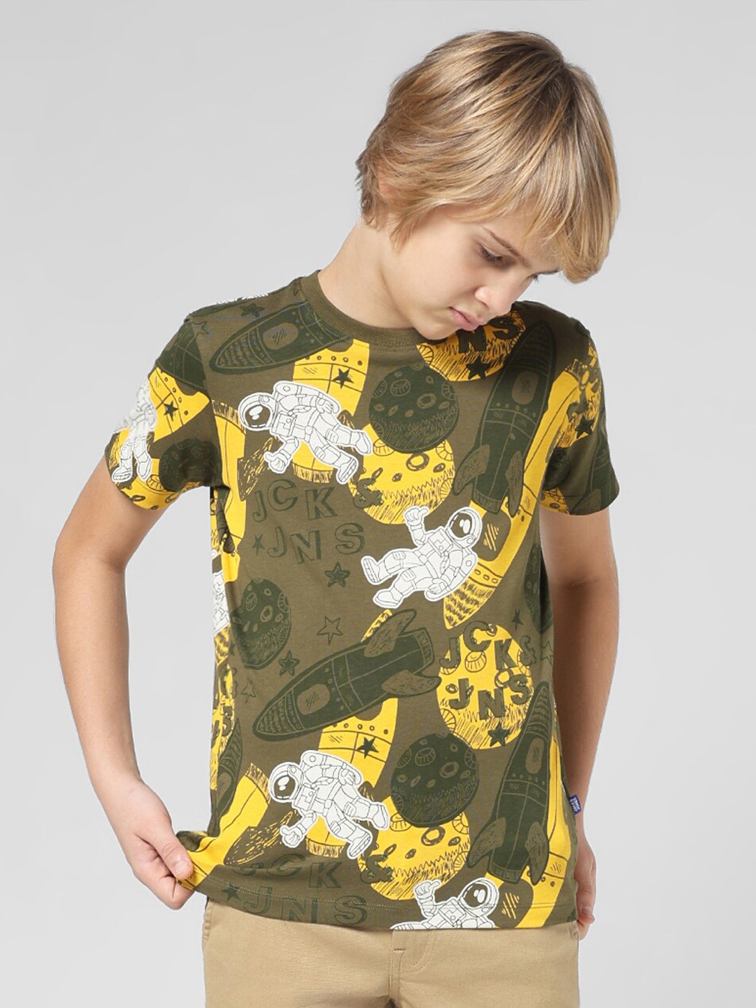 

Jack & Jones Junior Boys Graphic Printed Slim Fit Pure Cotton T-shirt, Green