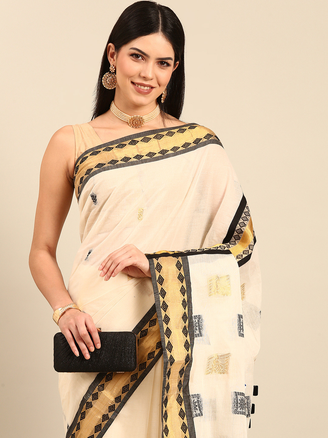 

Thara Sarees Woven Design Pure Cotton Kasavu Saree, Off white