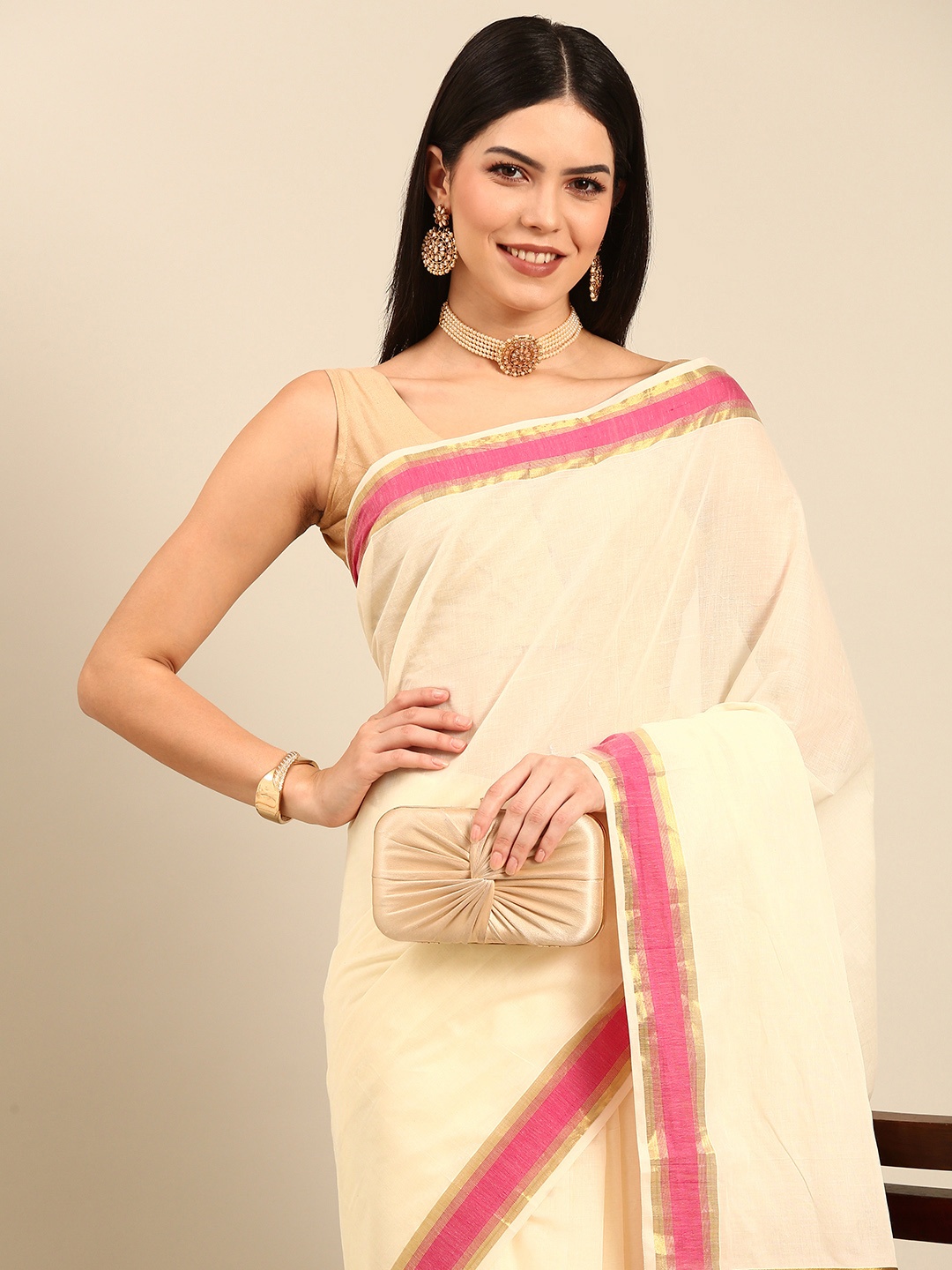 

Thara Sarees Pure Cotton Kasavu Saree, Off white
