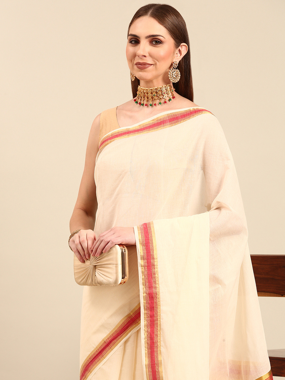 

Thara Sarees Pure Cotton Kasavu Saree, Off white
