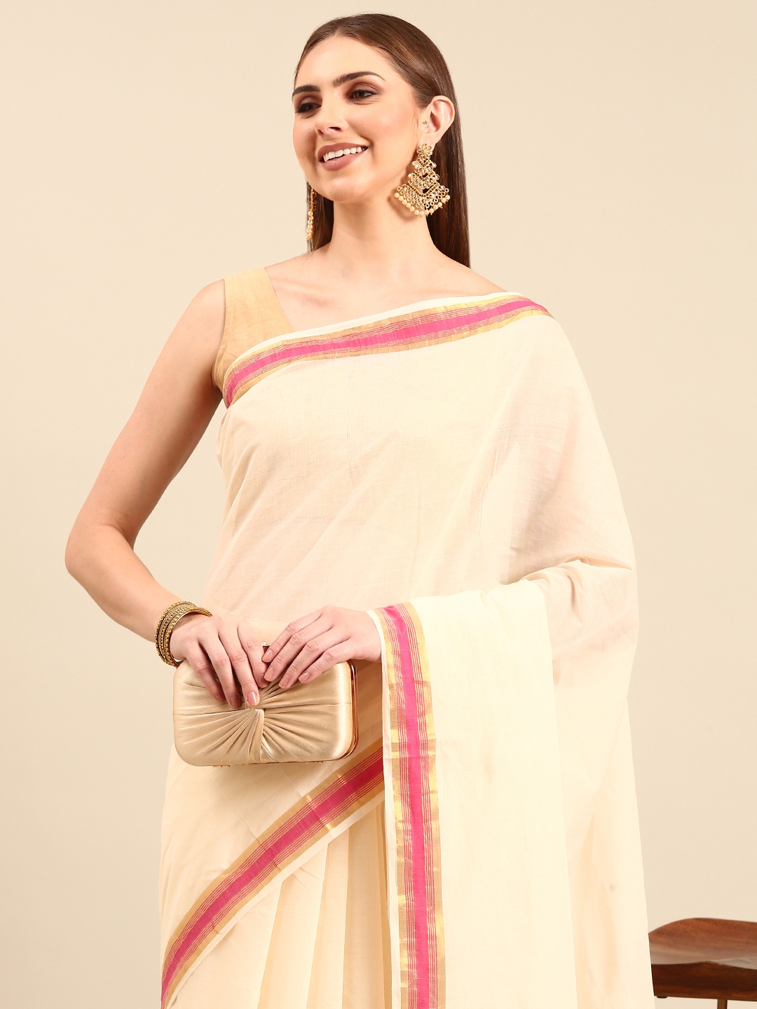 

Thara Sarees Pure Cotton Kasavu Saree, Off white