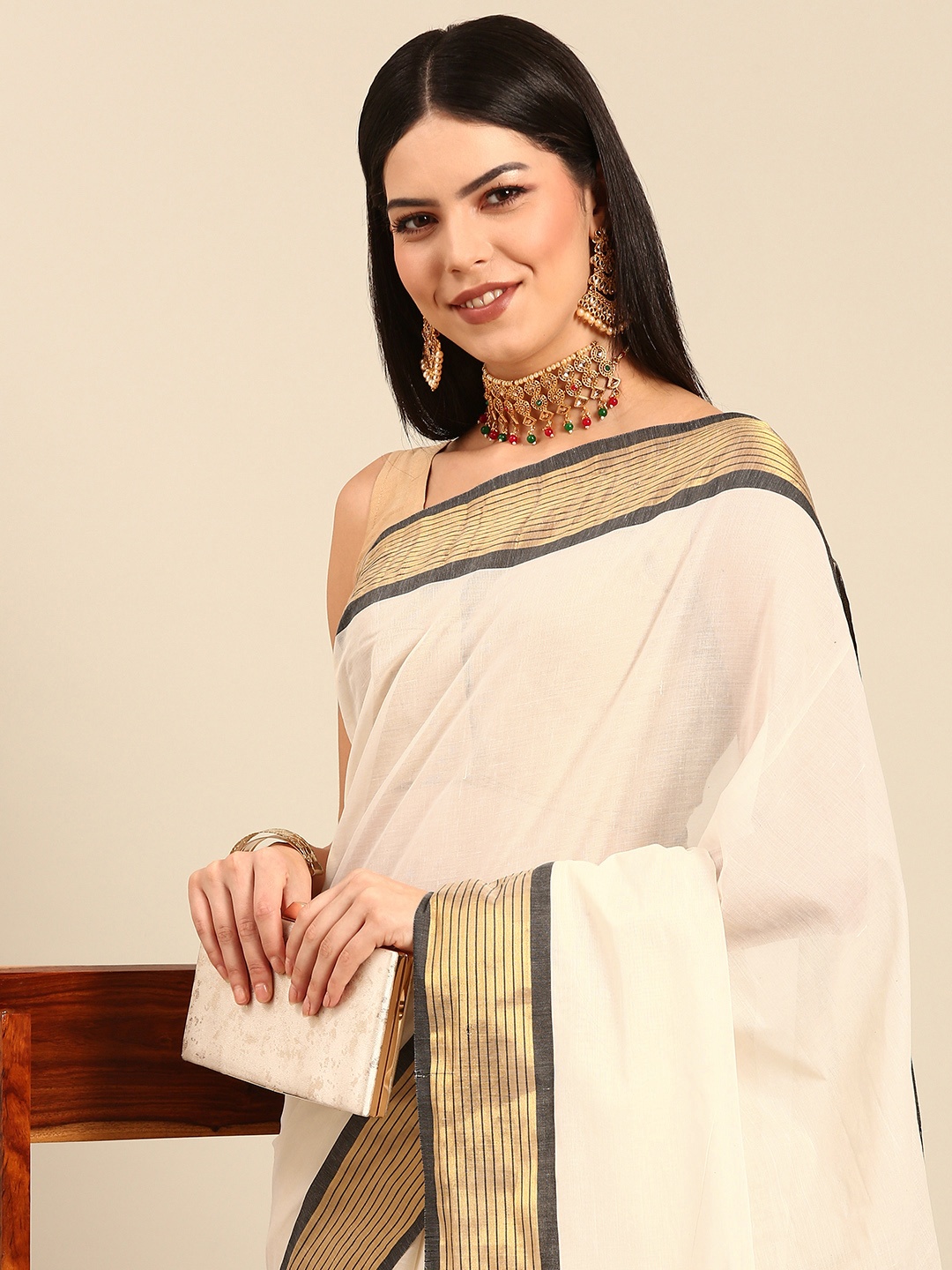 

Thara Sarees Pure Cotton Kasavu Saree, Off white