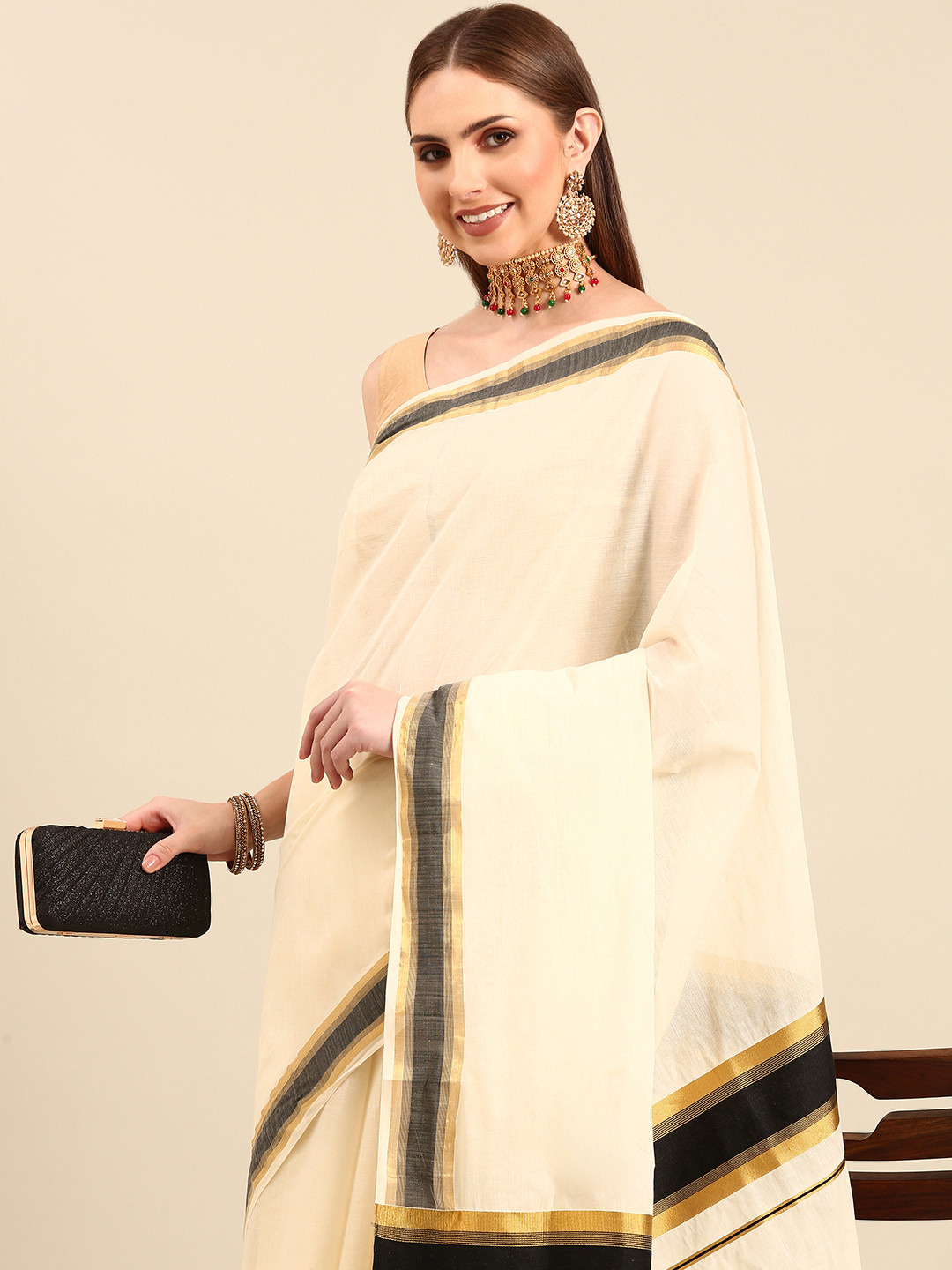 

Thara Sarees Pure Cotton Kasavu Saree, Off white
