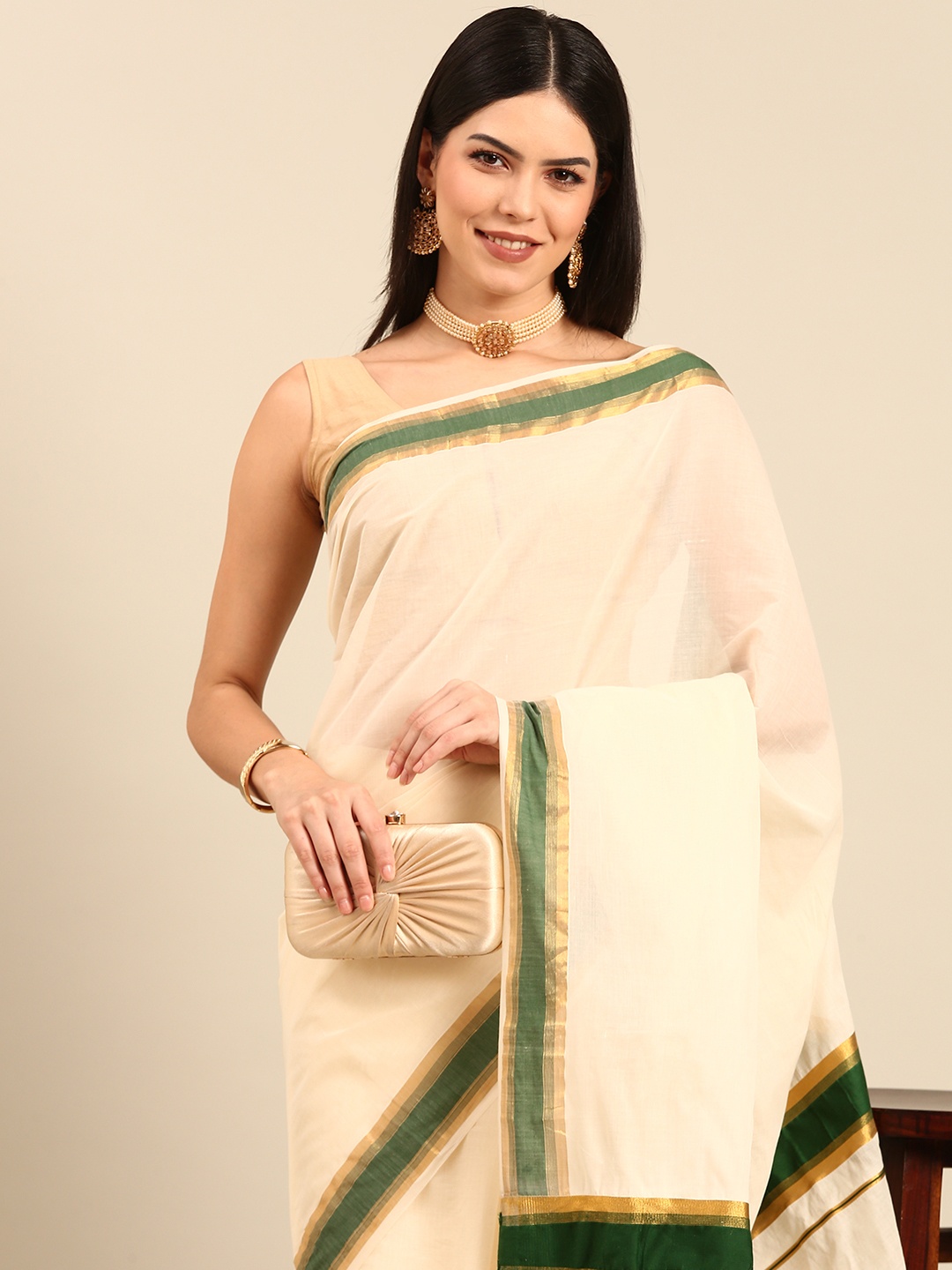 

Thara Sarees Pure Cotton Kasavu Saree, Off white