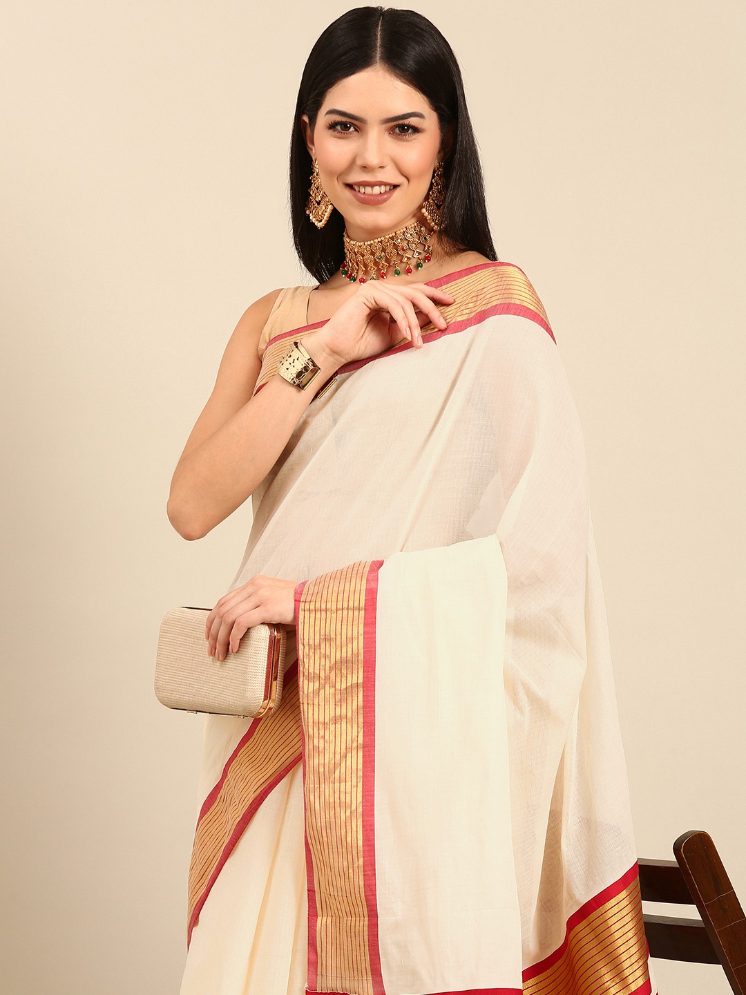 

Thara Sarees Pure Cotton Kasavu Saree, Off white