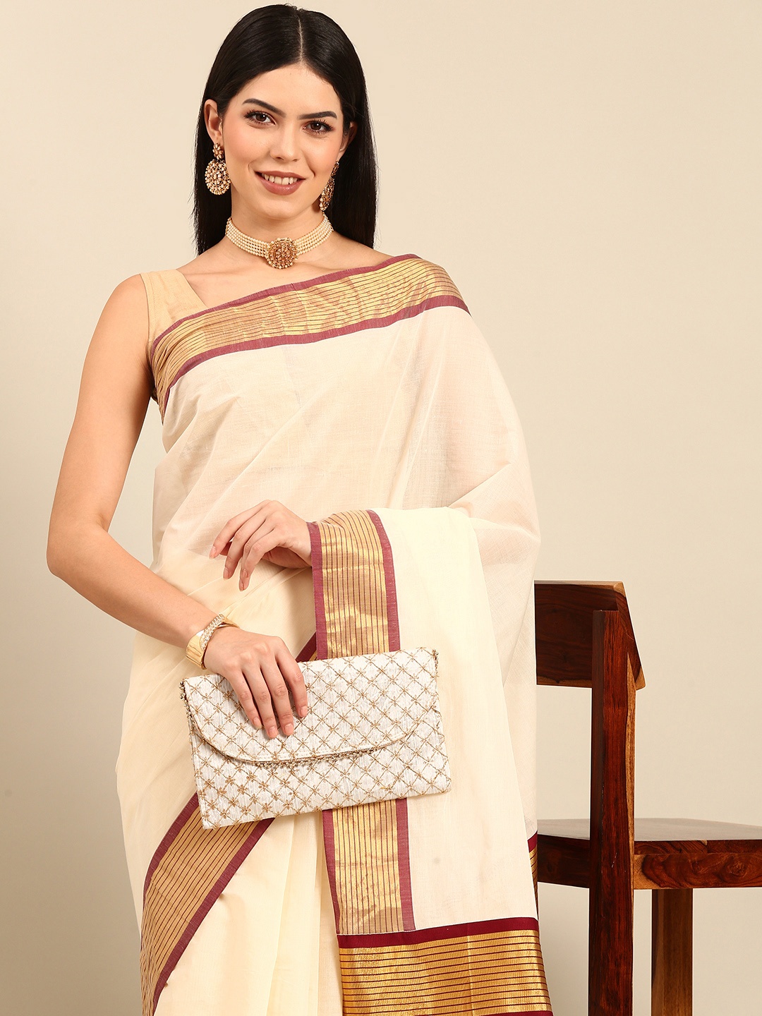 

Thara Sarees Pure Cotton Kasavu Saree, Off white
