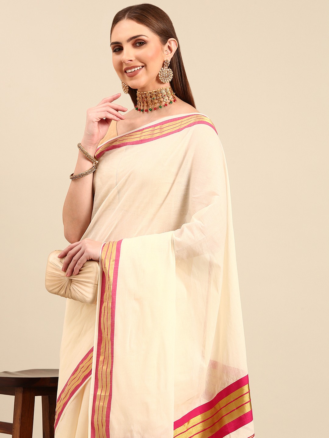 

Thara Sarees Pure Cotton Kasavu Saree, Off white