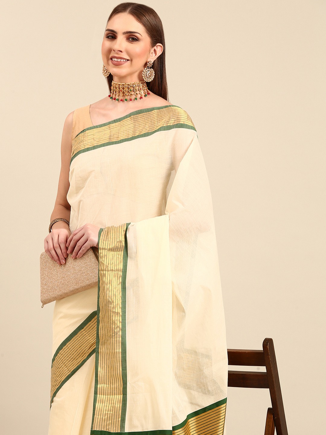 

Thara Sarees Pure Cotton Kasavu Saree, Off white