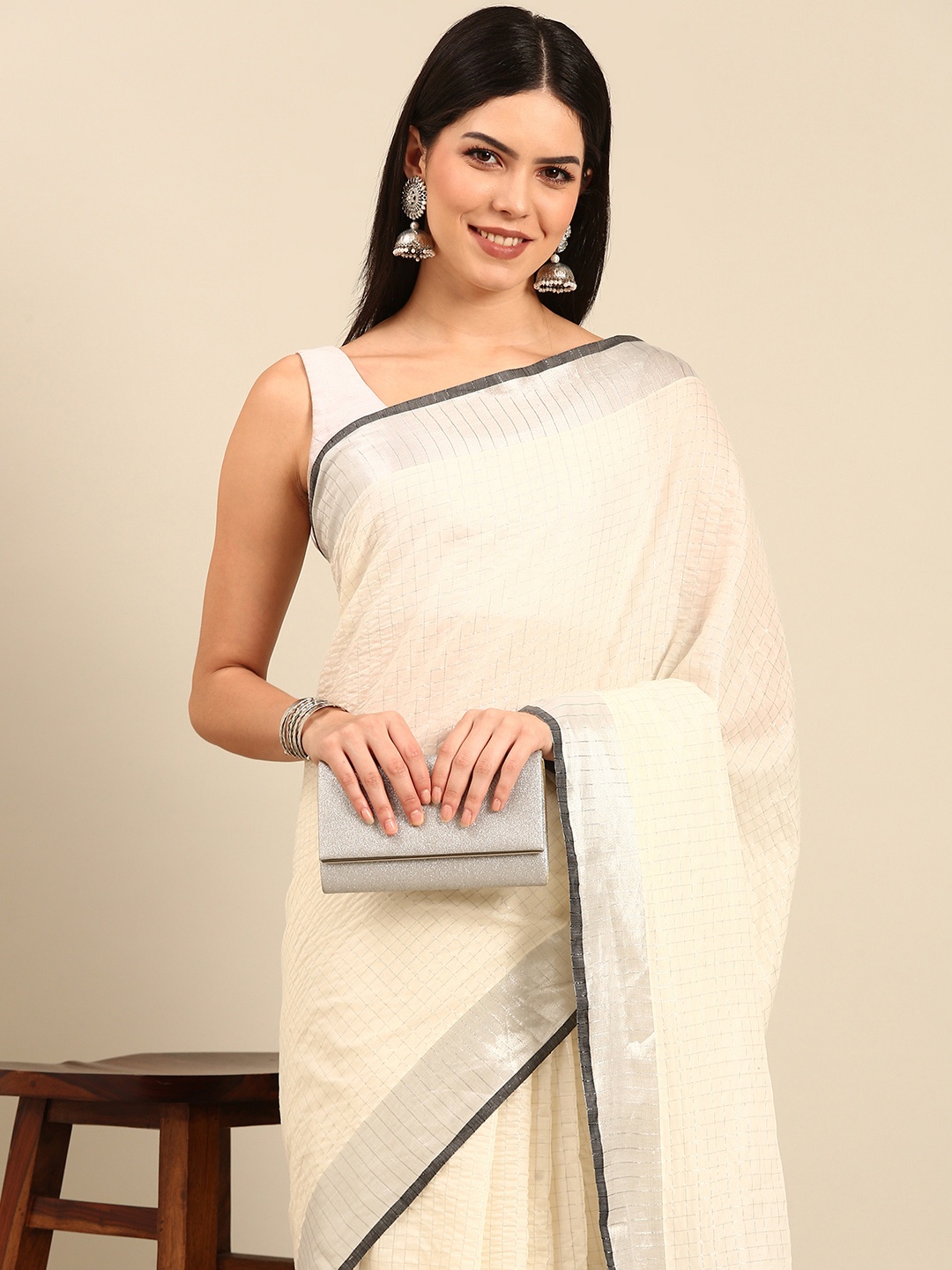 

Thara Sarees Checked Pure Cotton Kasavu Saree, Off white