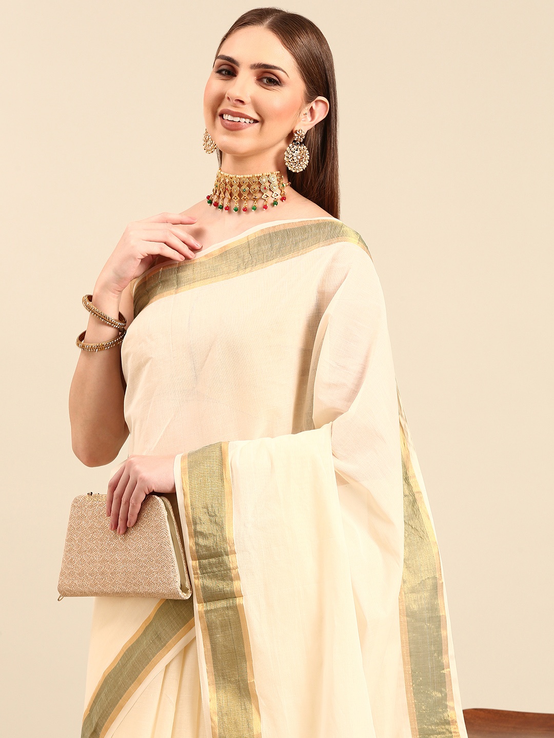 

Thara Sarees Pure Cotton Kasavu Saree, Off white