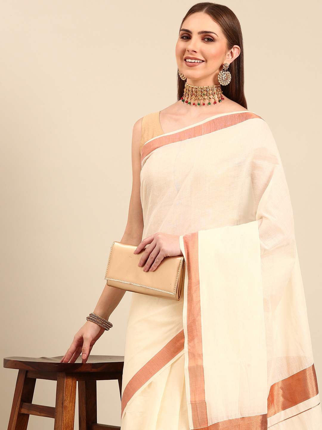 

Thara Sarees Pure Cotton Kasavu Saree, Off white