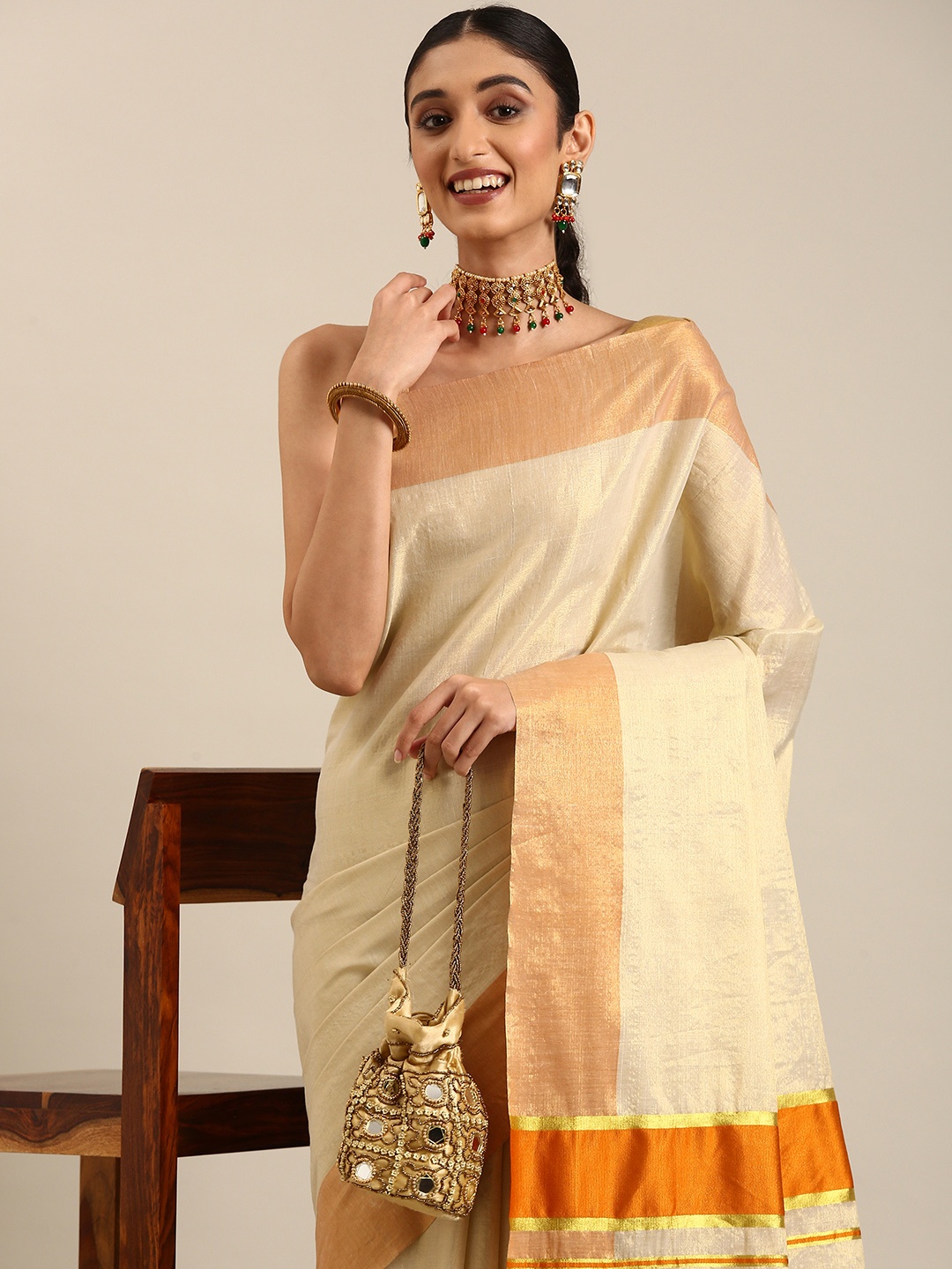 

Thara Sarees Zari Tissue Kasavu Saree, Gold