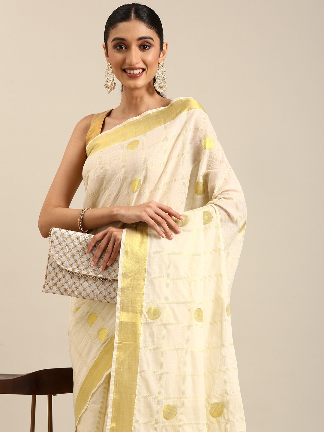 

Thara Sarees Woven Design Zari Pure Cotton Kasavu Saree, Off white