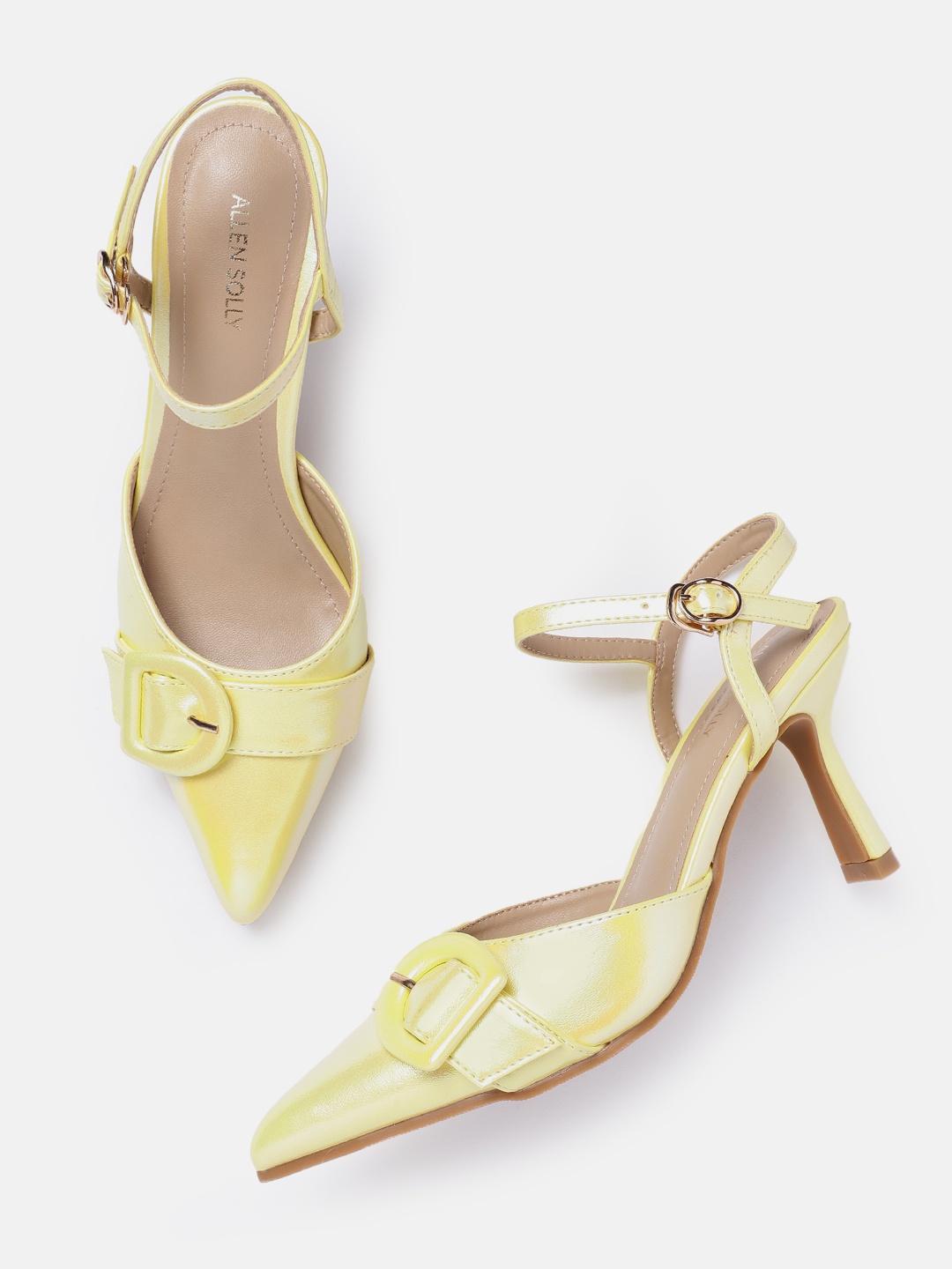 

Allen Solly Buckle Detail Slim Heel Mules with Sheen Effect, Yellow