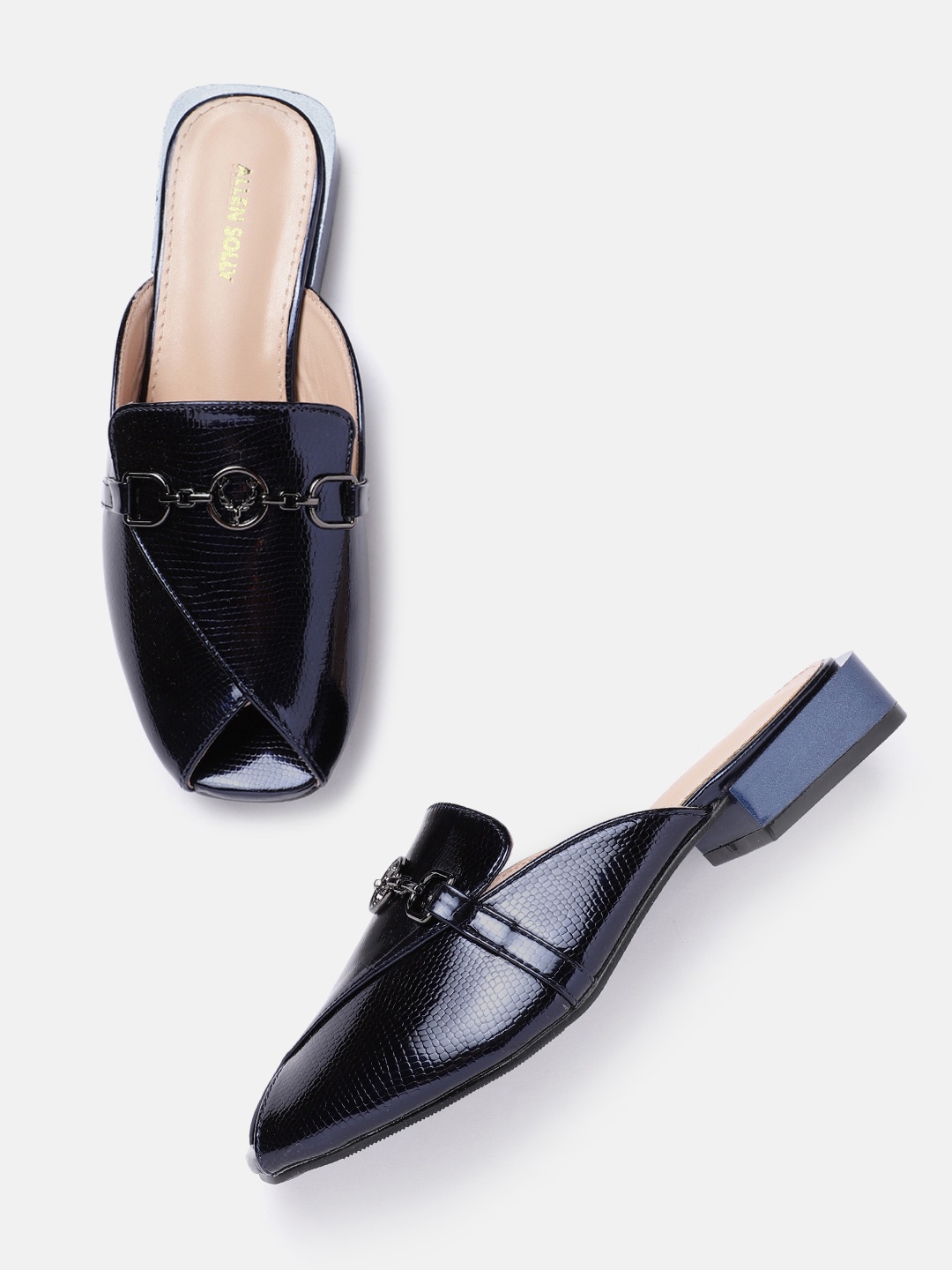 

Allen Solly Women Peep Toe Mules with Metal Detail, Navy blue
