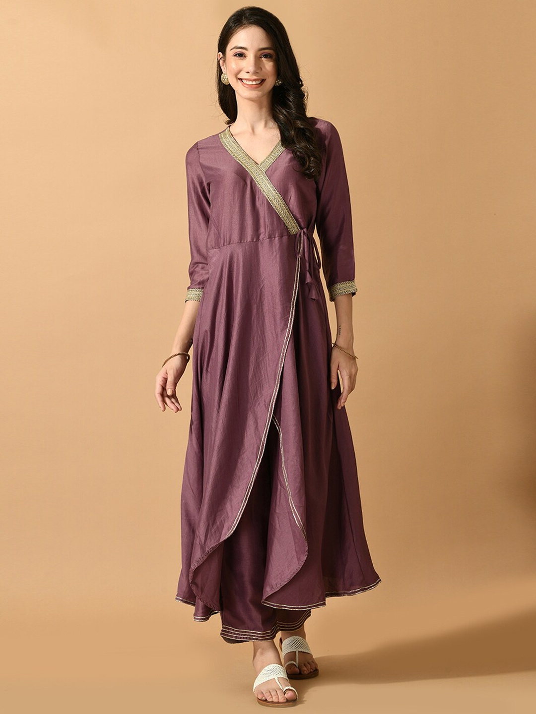 

KALINI Thread Work Angrakha Kurta & Palazzos With Dupatta, Mauve