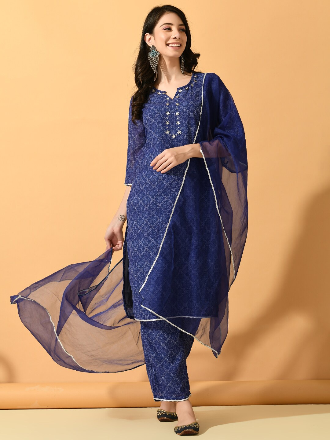 

KALINI Ethnic Motifs Printed Regular Beads and Stones Kurta & Palazzos With Dupatta, Blue