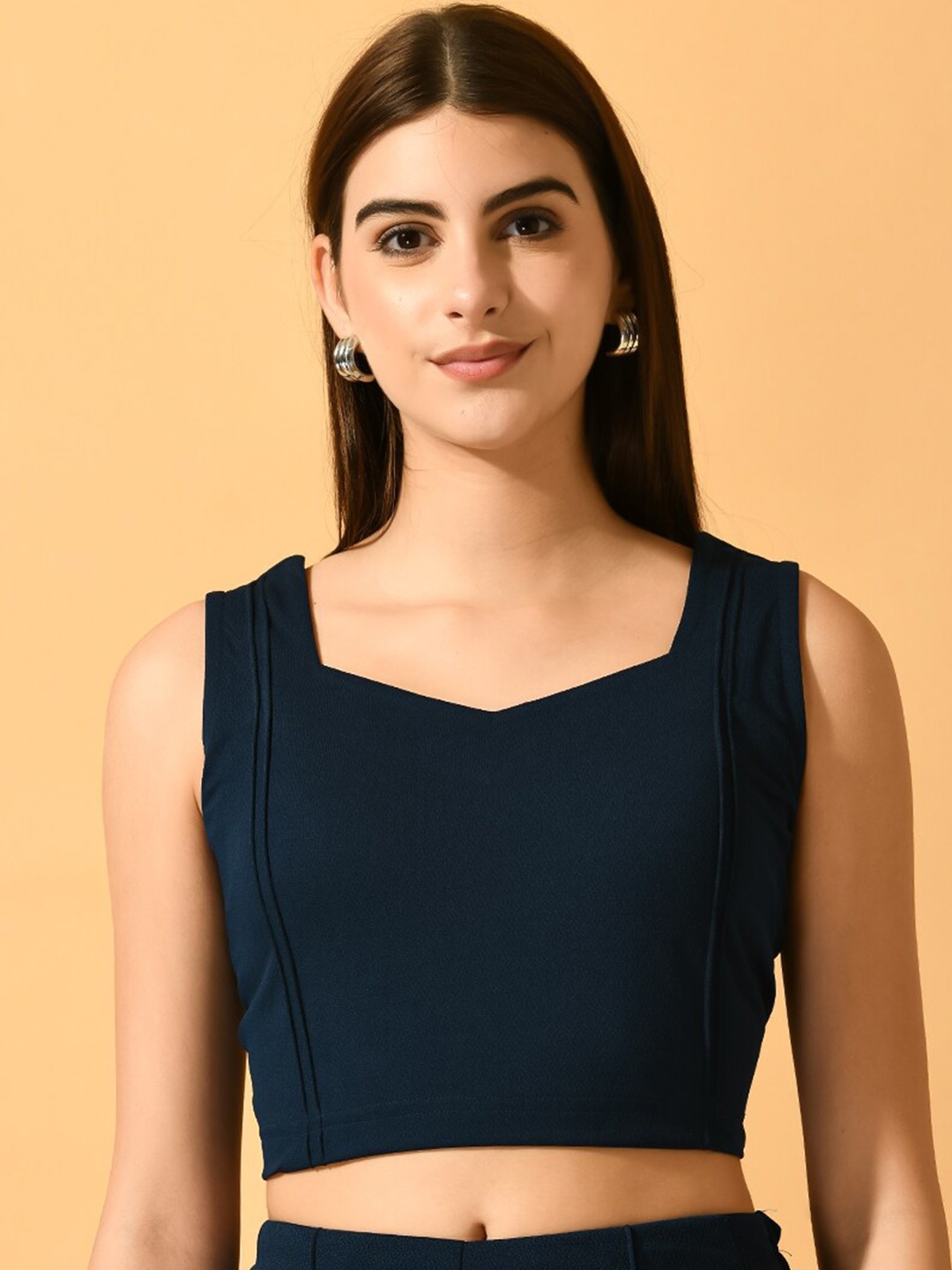 

DressBerry Navy Blue Square Neck Fitted Crop Top