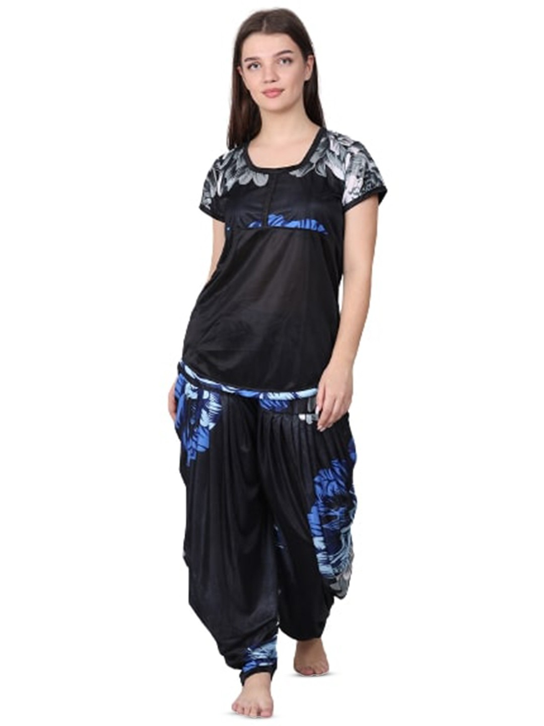 

XPIOX Women Floral Printed Satin Night Suit, Black
