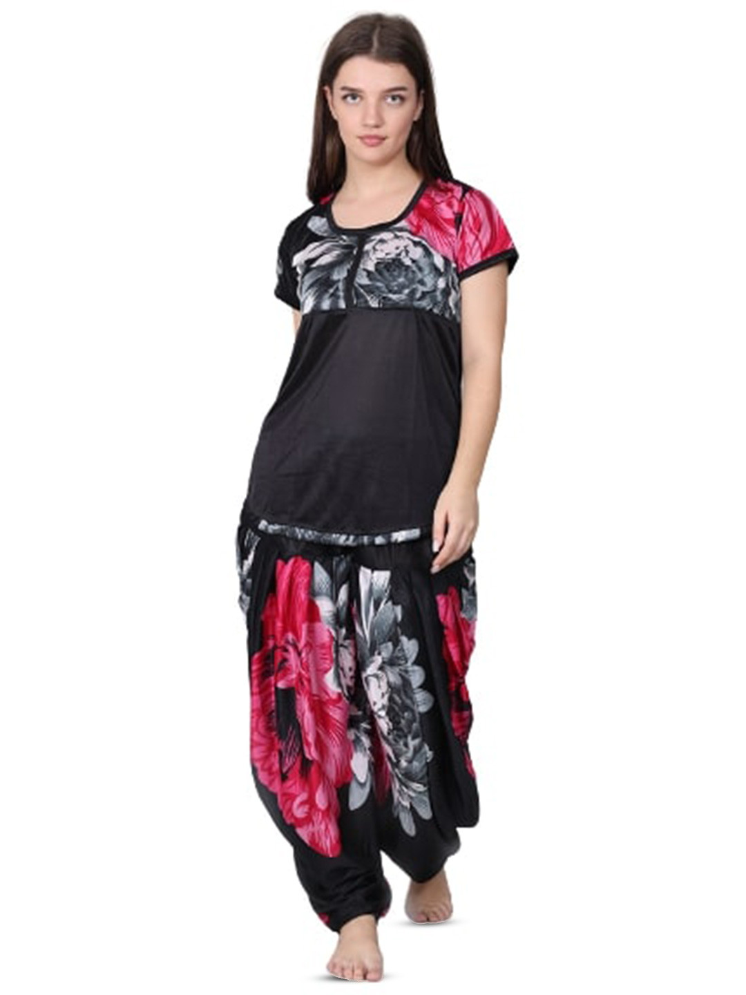 

XPIOX Women Floral Printed Satin Night Suit, Black
