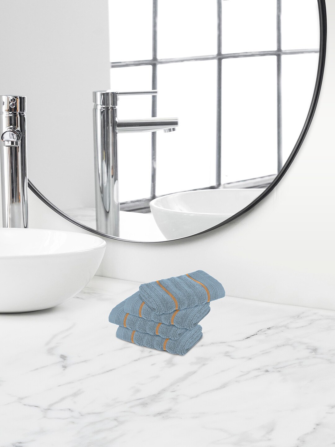 

Himeya Navy-Blue & Yellow 4 Pieces Striped 550 GSM Cotton Face Towels