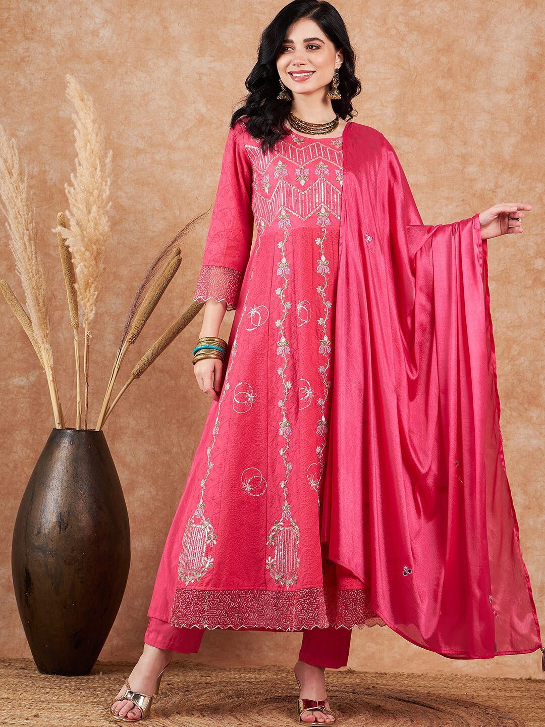

Sangria Pink Embroidered Pure Cotton A-Line Kurta With Trouser & Dupatta
