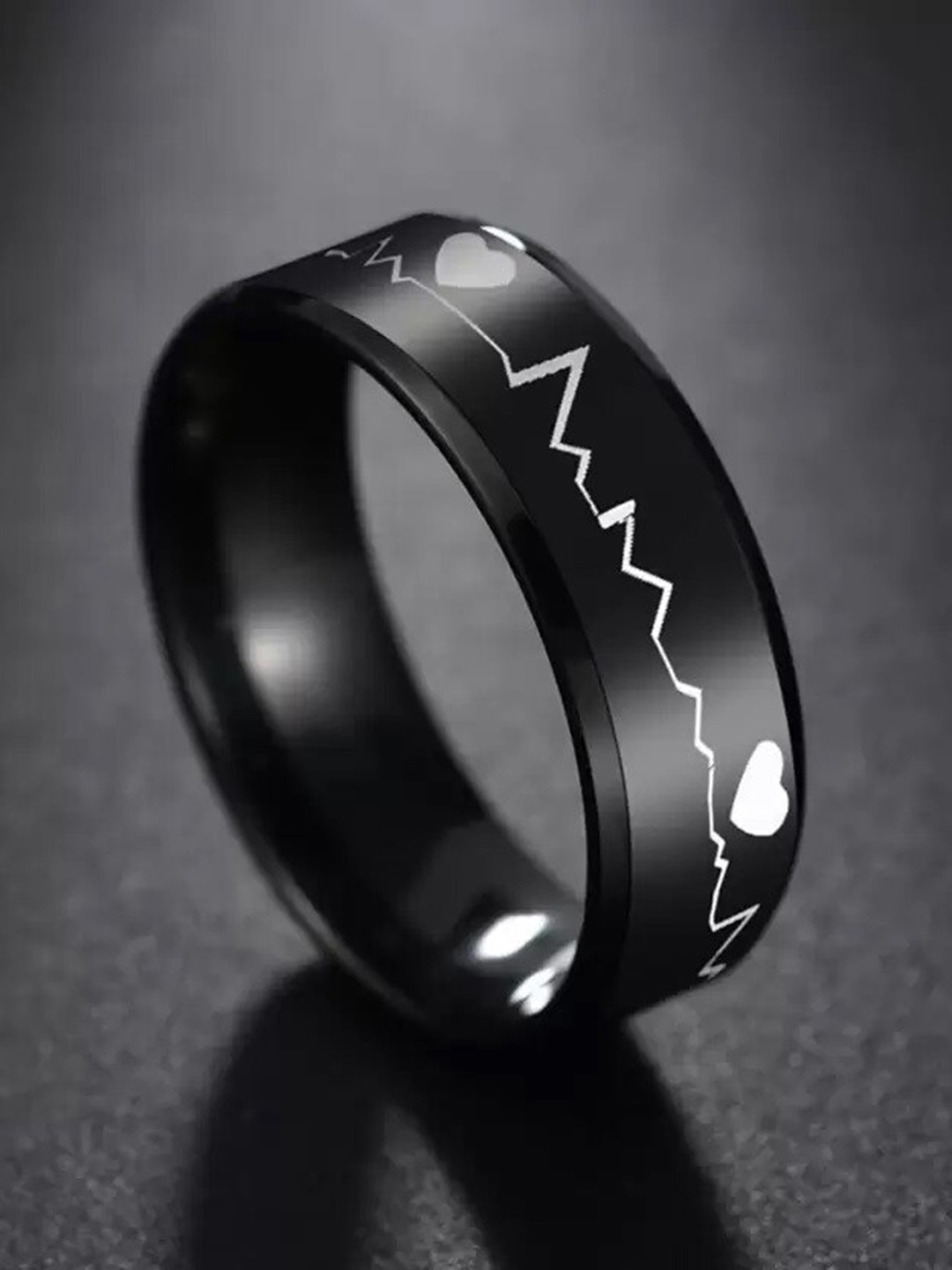 

VIEN Unisex Heartbeat Design Stainless Steel Finger Ring, Black