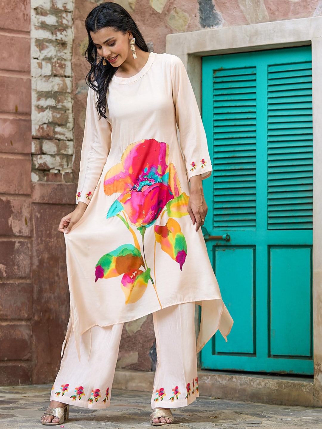 

FASHOR Floral Printed Sequinned Kurta with Trousers, Cream