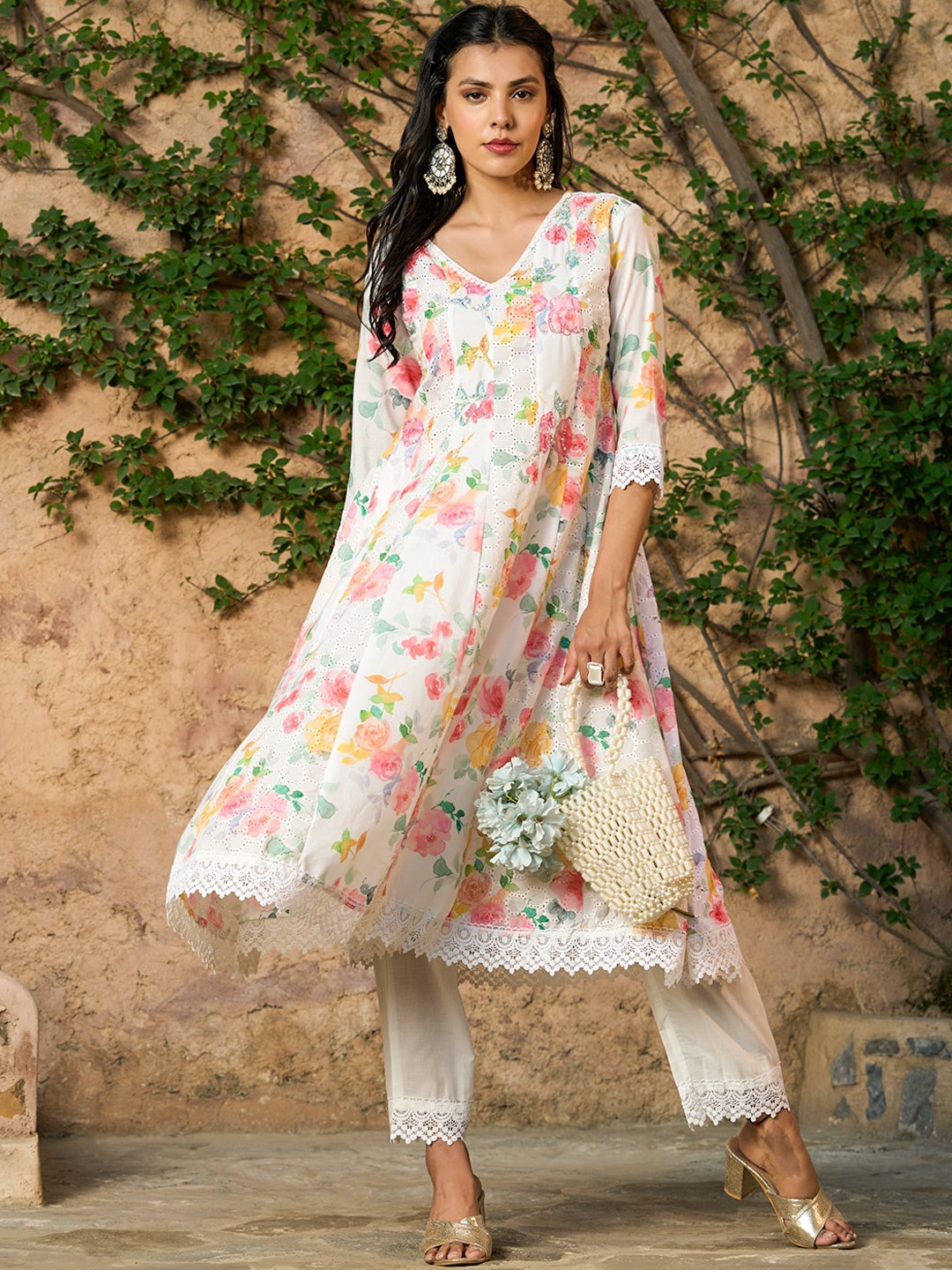 

FASHOR Floral Printed Sequinned Pure Cotton Kurta with Trousers, White