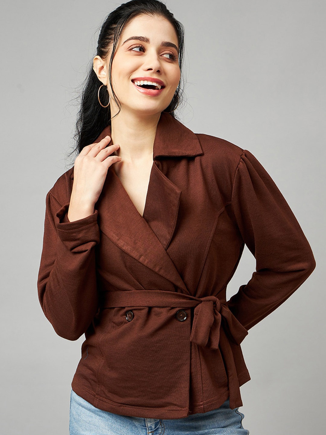 

DressBerry Double-Breasted Notched Lapel-Collar Acrylic Blazer, Brown
