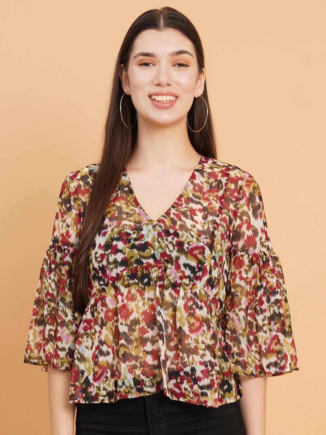 

HOUSE OF KKARMA Floral Printed Flared Sleeve Chiffon Empire Top, Red
