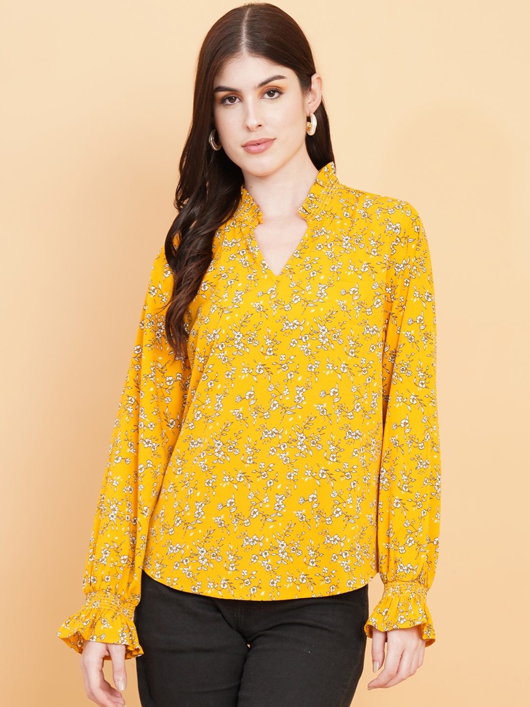 

HOUSE OF KKARMA Floral Printed Mandarin Collar Crepe Top, Yellow