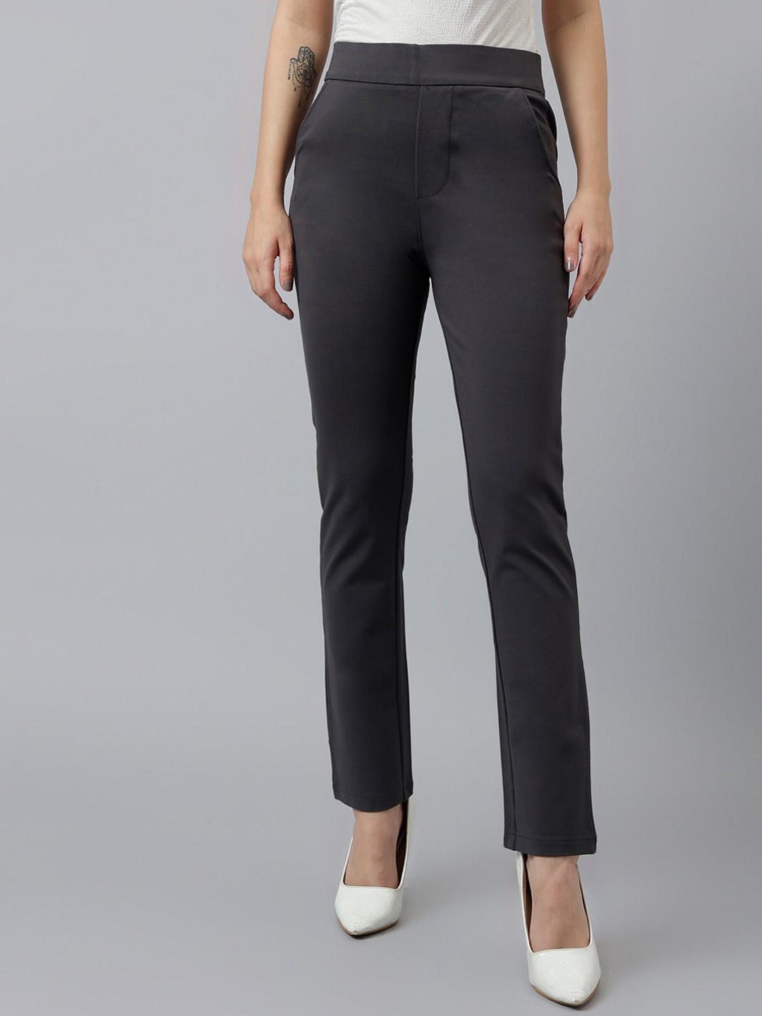 

Xpose Women Comfort High-Rise Slim Fit Plain Regular Trousers, Grey