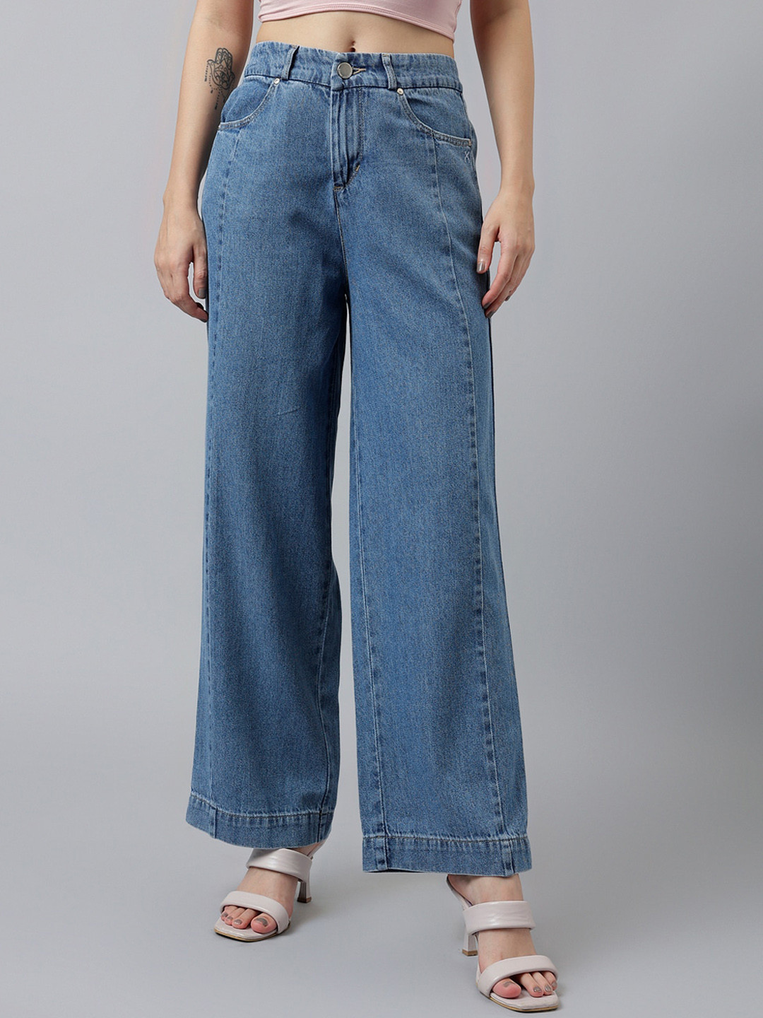 

Xpose Women Comfort Straight Fit High Rise Pure Cotton Denim Trousers, Blue