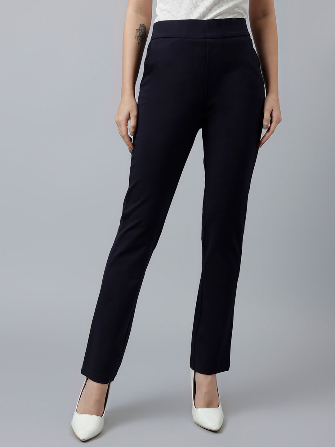 

Xpose Women Comfort High-Rise Slim Fit Plain Regular Trousers, Navy blue