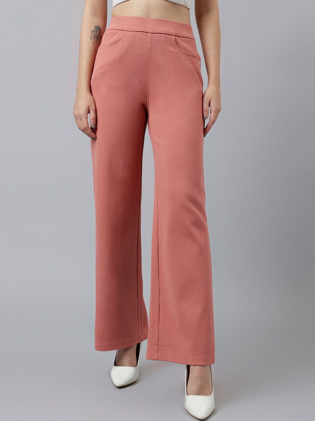 Xpose Women High-Rise Ribbed Wide Leg Plain Parallel Trousers, Peach