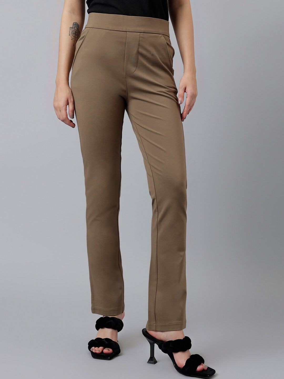 

Xpose Women Comfort Slim Fit High-Rise Trousers, Olive