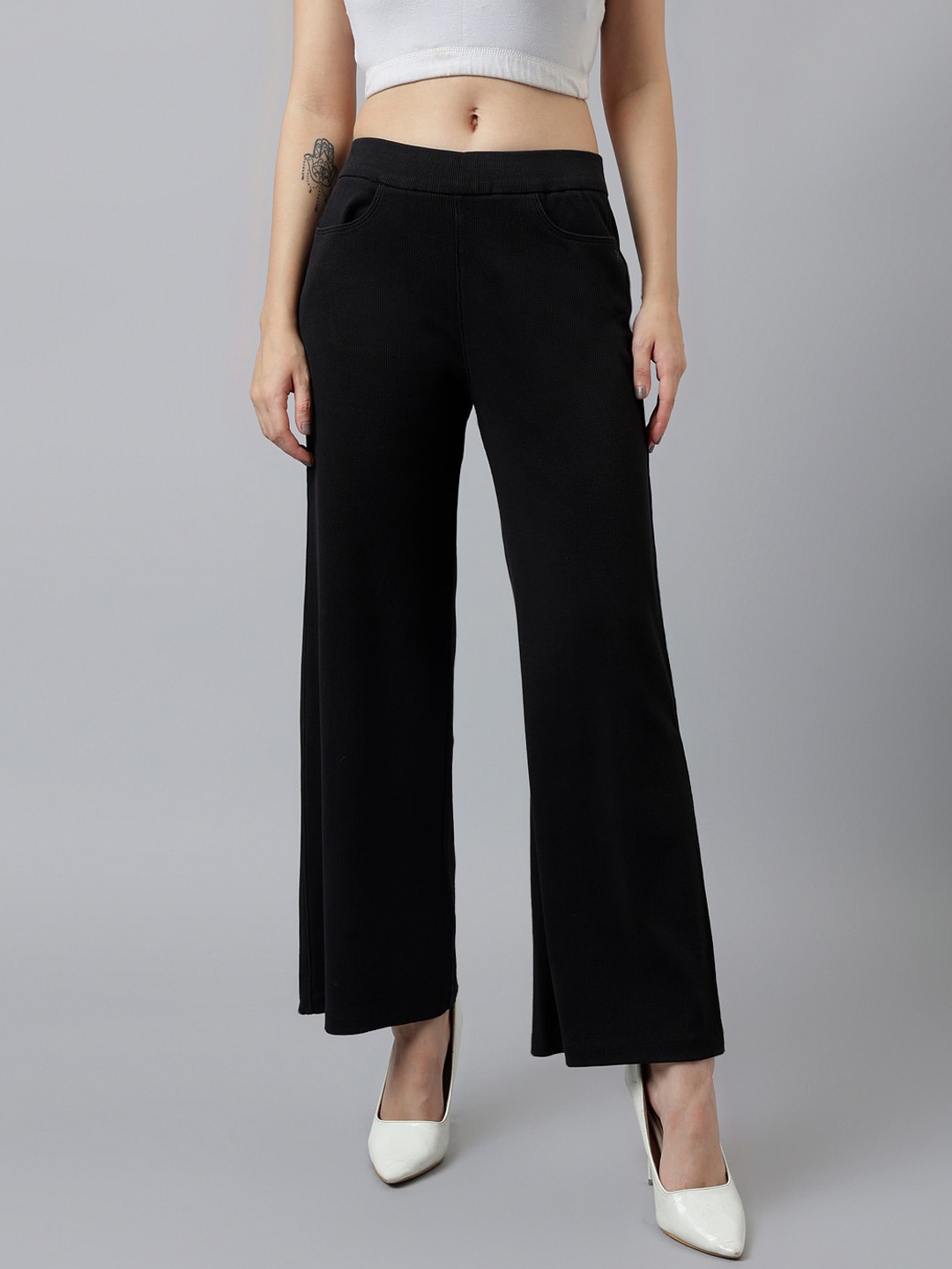 

Xpose Women Comfort High-Rise Ribbed Wide Leg Trousers, Black