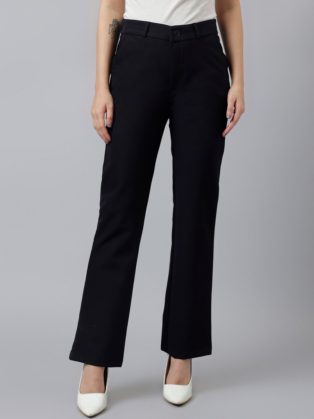 Xpose Women Comfort Pure Acrylic High-Rise Trousers, Navy blue