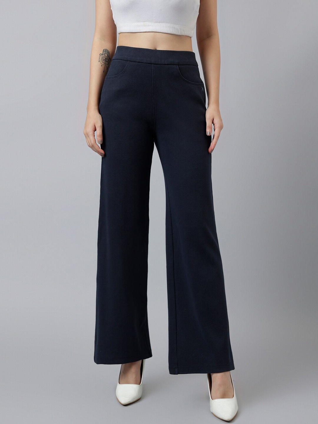 

Xpose Women Comfort High-Rise Ribbed Wide Leg Trousers, Navy blue