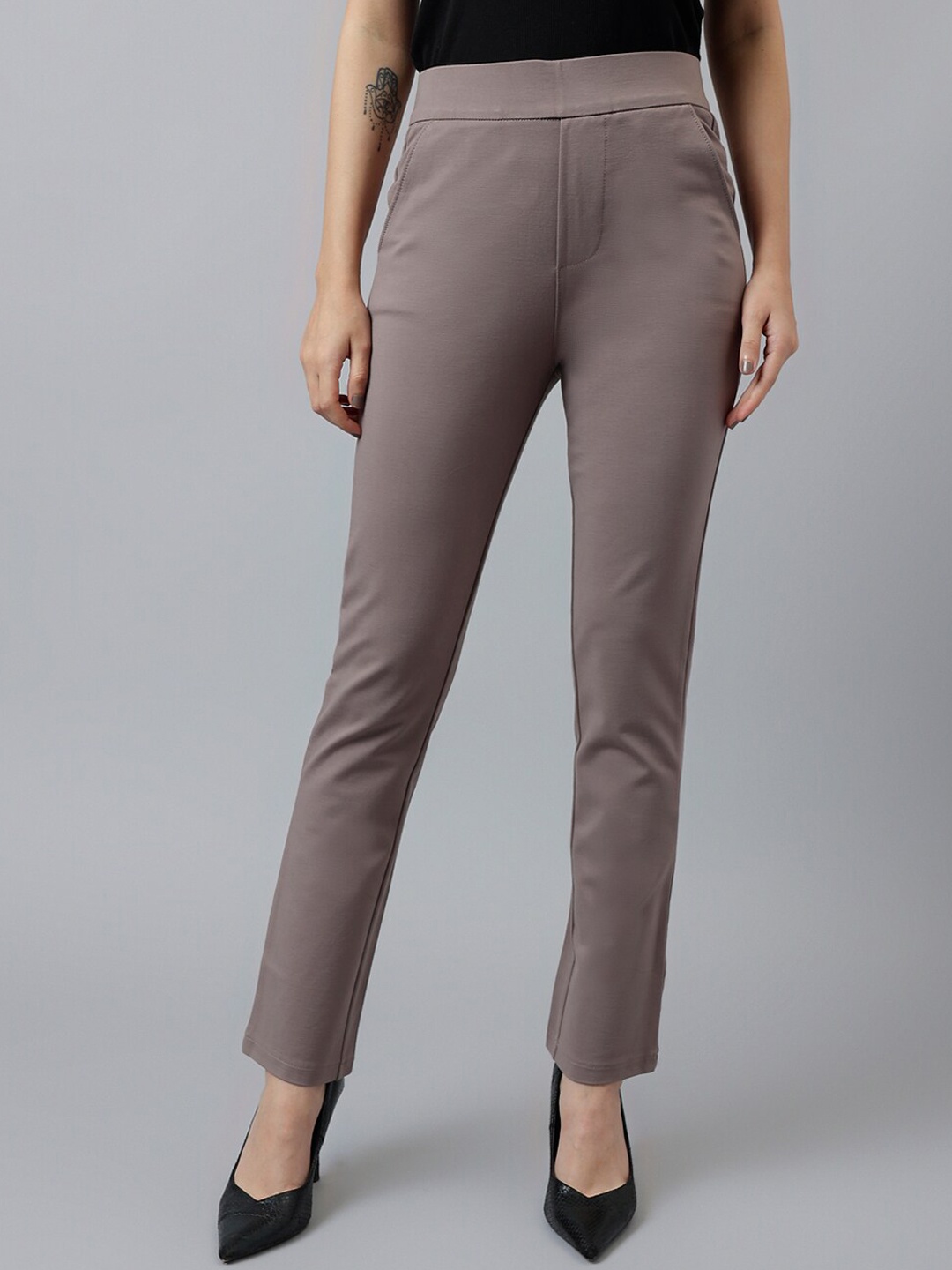 

Xpose Women Comfort Slim Fit High-Rise Trousers, Coffee brown